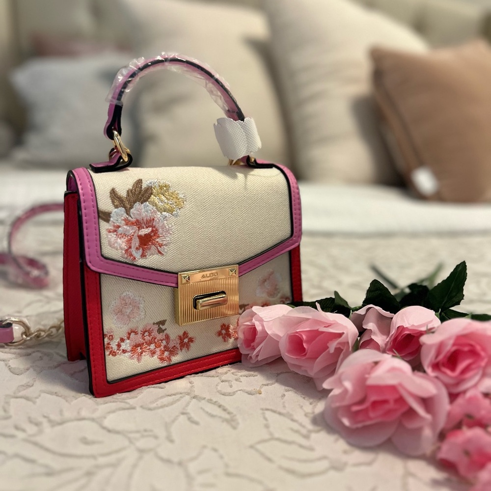 Aldo Cream and Pink Mini Bag with Floral Embellishments